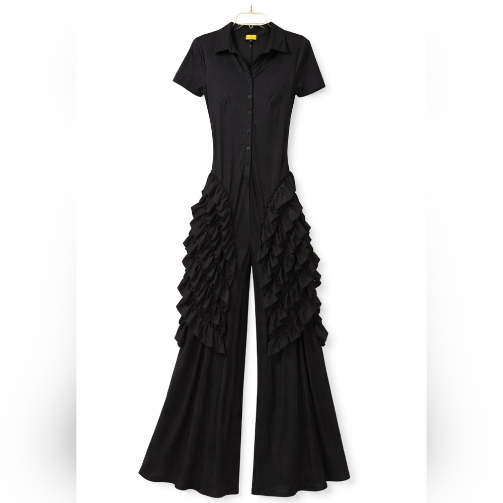 Statement Black Ruffled Wide-Leg Jumpsuit Women's Size M Party - Picture 2 of 6